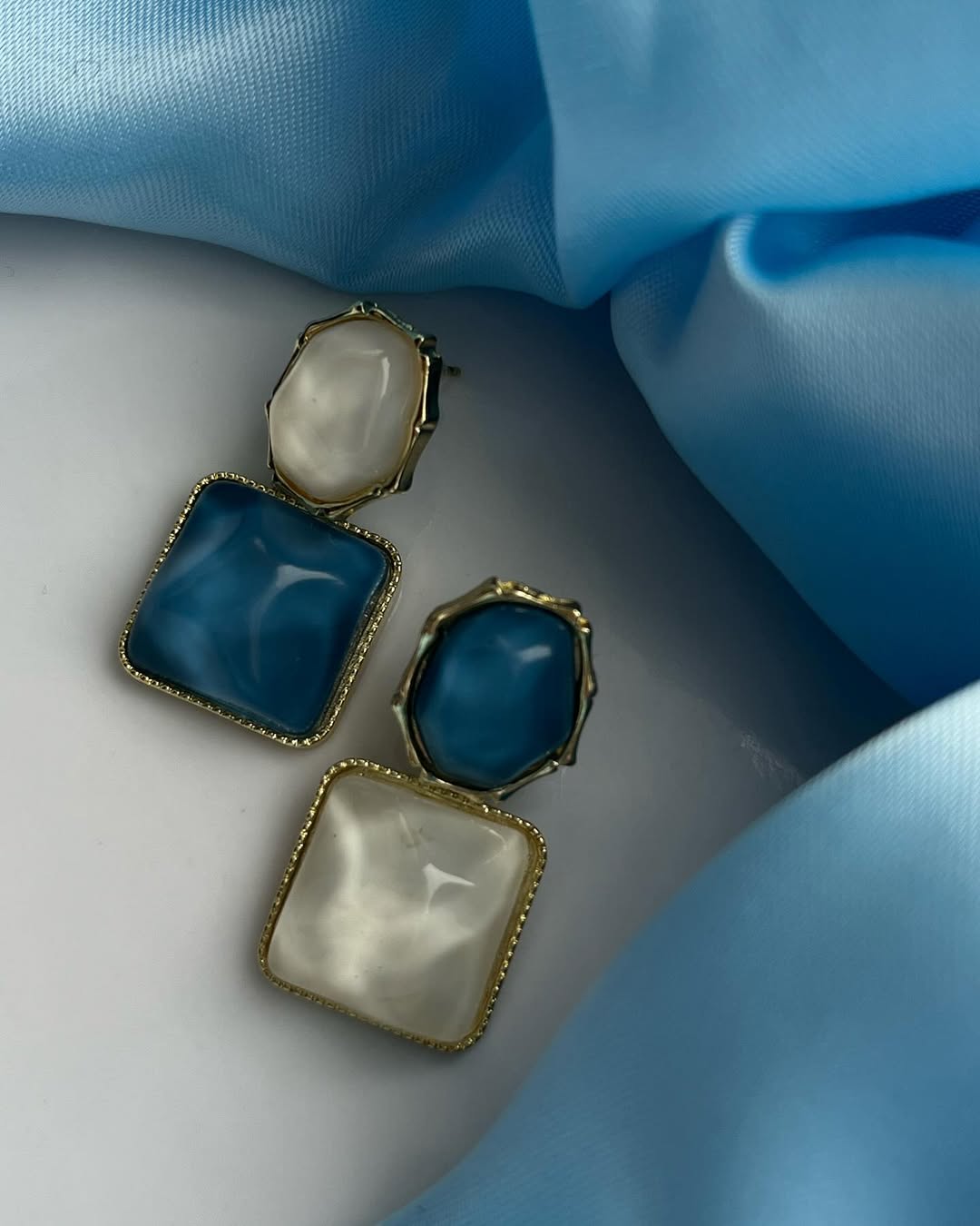 Orbia Earrings — Blue & Pearl Geometric Drop