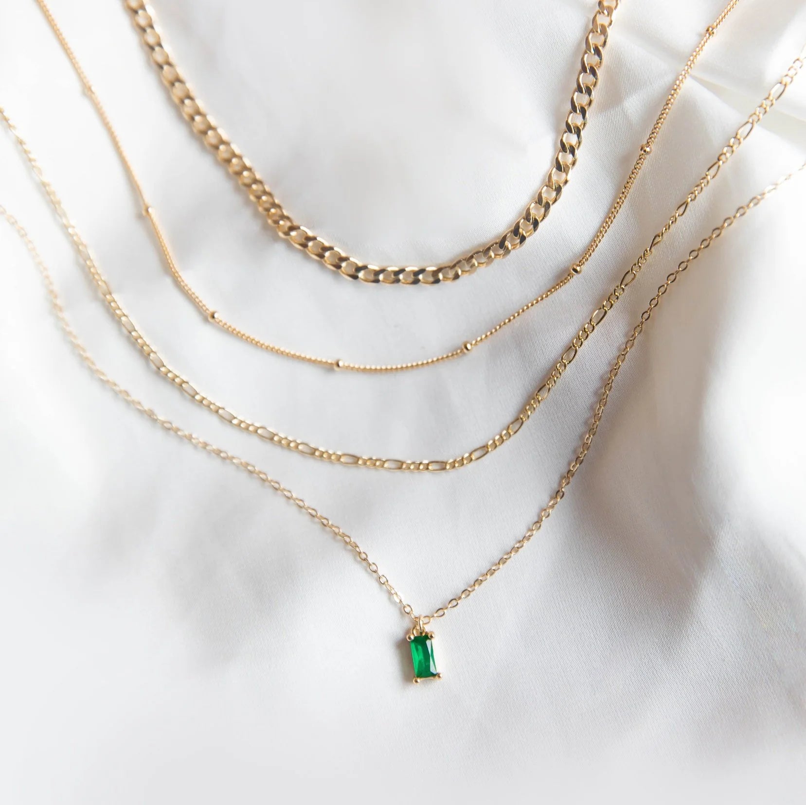 Golden Hour Set — 4 Luxe Layers + Emerald Pendant
