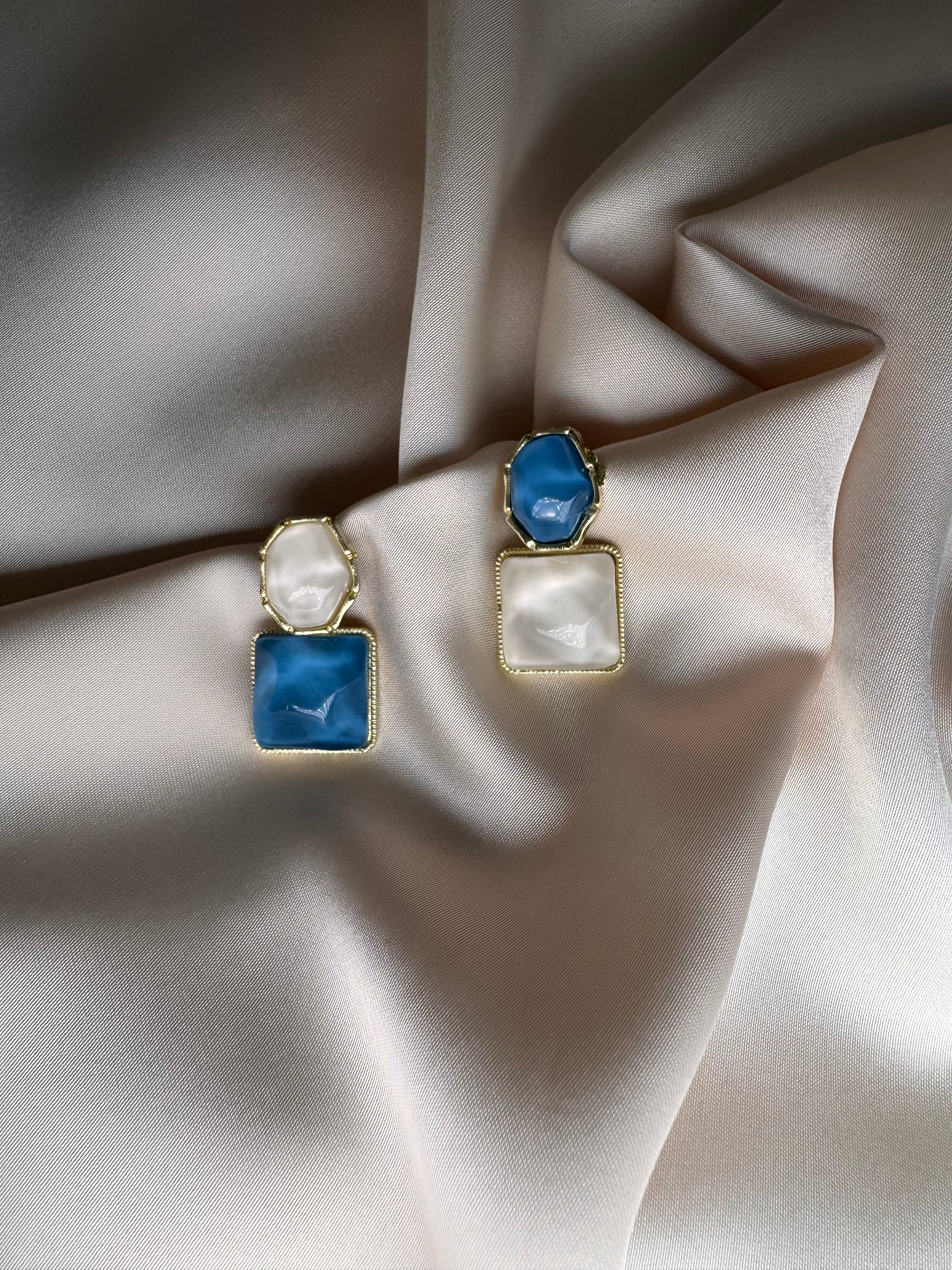 Orbia Earrings — Blue & Pearl Geometric Drop