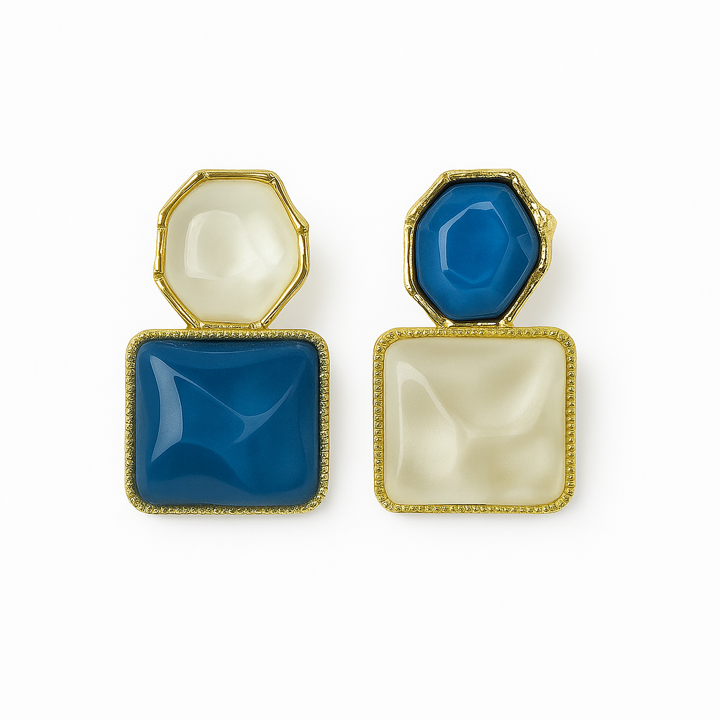 Orbia Earrings — Blue & Pearl Geometric Drop
