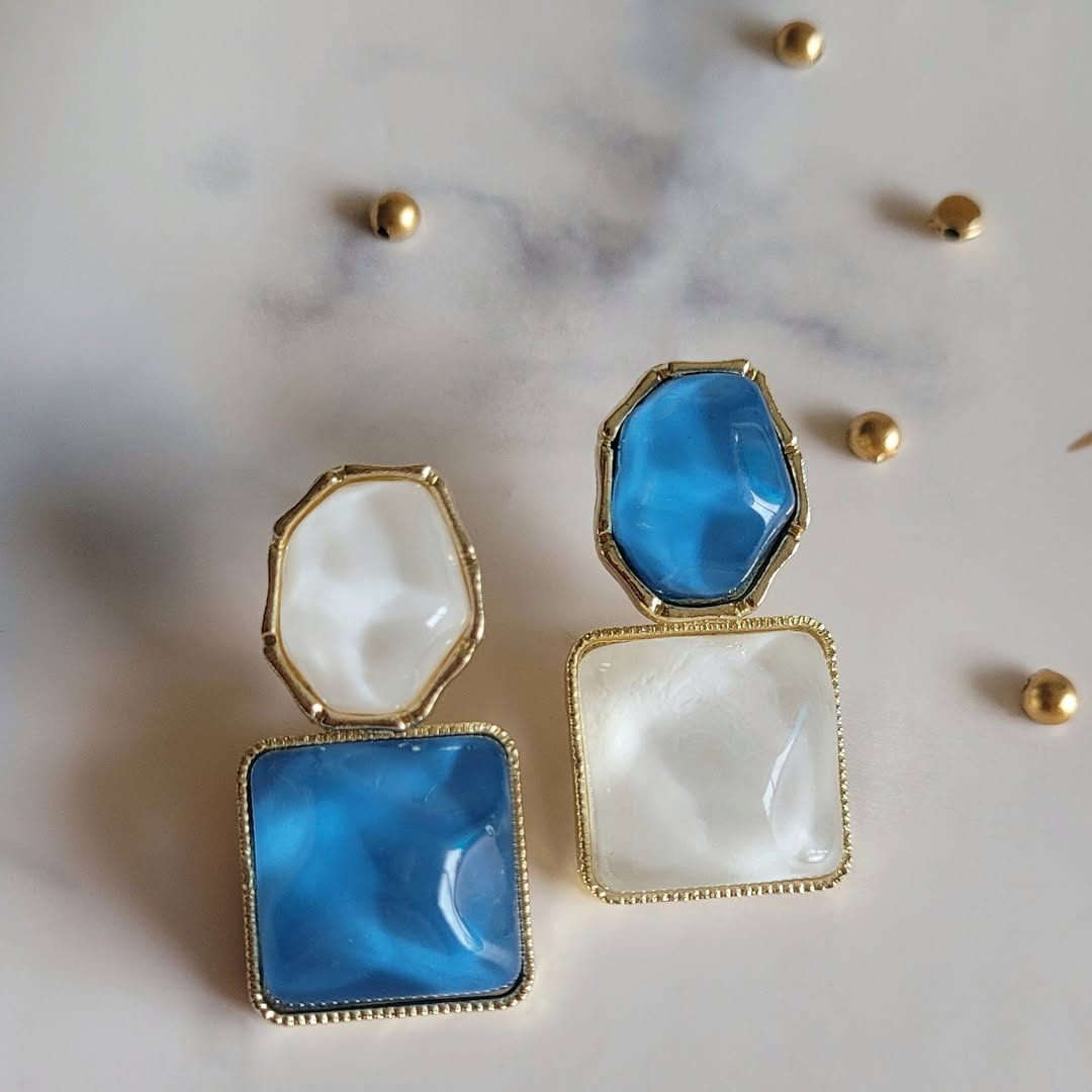 Orbia Earrings — Blue & Pearl Geometric Drop