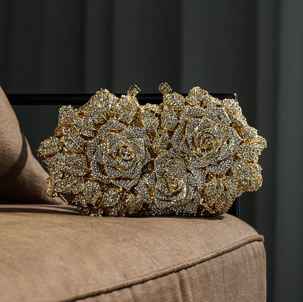Cecilia Handbag – Gold Rose Jewel Clutch